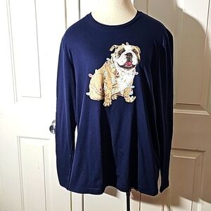 Macy's club room mens navy blue long sleeve French Bull‎ Dog tee. Large